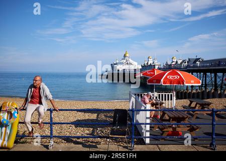 Eastbourne, East Sussex | Royaume-Uni - 3 août 2021 : un homme d'âge moyen se penchait contre les chemins de fer, avec une plage et une jetée victorienne en arrière-plan. Banque D'Images