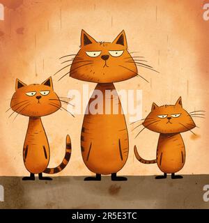 Photo de groupe d'une famille de chats. Image de chats rouges dessinée à la main. Banque D'Images