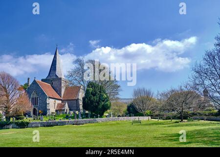 Alfriston Tye (vert du village) et l'église St Andrew, également connue comme la « cathédrale des South Downs ». Printemps avec soleil et ciel bleu. Banque D'Images