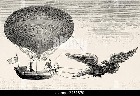 Projet de pilotage de ballons par Tessiore en 1845 tiré par un vautour tamé, France. Ancienne gravure du 19th siècle de la nature 1887 Banque D'Images