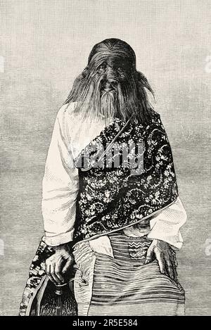 Une femme poilue de Birmanie, Mahphoon. Ancienne gravure du 19th siècle de la nature 1887 Banque D'Images