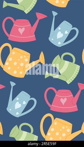 Motif vectoriel puéril avec arrosoirs colorés sur fond bleu. Texture avec outils de jardinage. Arrière-plan avec jouets de protection sprinkleur pour l'emballage Illustration de Vecteur