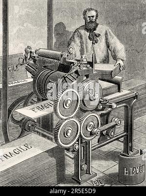 Machines pour la fabrication de boîtes d'emballage, machine à imprimer le bois. Ancienne gravure du 19th siècle de la nature 1887 Banque D'Images