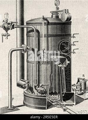 Matériel de brigade des pompiers de Paris, chauffage avec une pompe à vapeur, France. Ancienne gravure du 19th siècle de la nature 1887 Banque D'Images