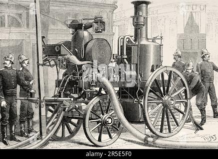 Matériel de brigade des pompiers de Paris, Thirion system pompe à incendie à vapeur, France. Ancienne gravure du 19th siècle de la nature 1887 Banque D'Images