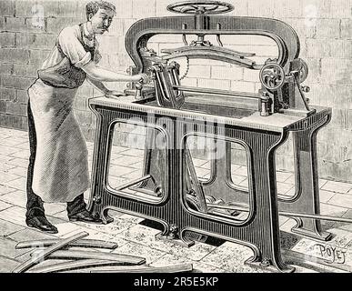 Machine à couper le bois. Ancienne gravure du 19th siècle de la nature 1887 Banque D'Images