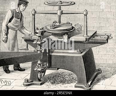 Machine pour tourner et biseauter le fond des fûts. Ancienne gravure du 19th siècle de la nature 1887 Banque D'Images