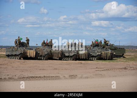 Pabrade, Lituanie. 30th mai 2023. Les véhicules de combat d'infanterie de Marder se trouvent dans la zone d'entraînement de Pabrade lors d'une visite du président allemand Steinmeier au groupe de bataille multinational EFP Lituanie. Le PFE (Enhanced Forward Presence) vise à renforcer le flanc est de l'OTAN en Estonie, Lettonie, Lituanie et Pologne en déployant quatre bataillons. L'Allemagne fournit le commandant et actuellement environ 850 soldats à la base militaire lituanienne de Rukla. Crédit : Soeren Stache/dpa/Alay Live News Banque D'Images