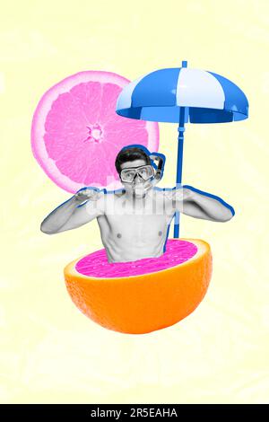 Bannière image poster collage de type nageur entraînement plongée sous-marine dans la piscine en forme de mandarin de station d'été Banque D'Images