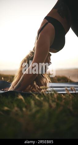 Sentir l'étirement dans mes épaules. une jeune femme attirante tenant une position de chien face vers le bas pendant une séance de yoga à l'extérieur. Banque D'Images