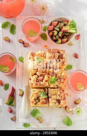 Délicieux et fait maison rhubarbe levure gâteau populaire dessert en Pologne. Gâteau au beurre avec fraises et crumble. Banque D'Images