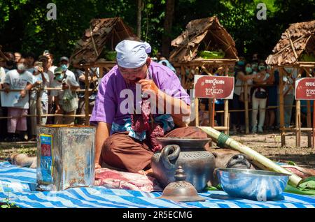 Un homme thaïlandais implique ' medium ' mange de la viande de buffle crue pendant le festival pu SAE ya SAE à Chiang Mai. Le festival est unique et n'est pas souvent vu par des étrangers, mais tenu chaque année dans les contreforts de la montagne Doi Kham, pour rendre hommage à deux anciens esprits géants, pu SAE et ya SAE. La légende a elle que parmi les Lua gens vivant autour de Doi Kham ont également vécu les deux géants qui étaient cannibales. Le Bouddha est venu à Doi Kham et les a convaincus de la réforme de leurs voies.et avant de partir a donné une relique de cheveux à pu SAE et ya SAE et leur a demandé de rendre hommage chaque jour. C'est ce que l'on se souvient dans une cérémonie Banque D'Images