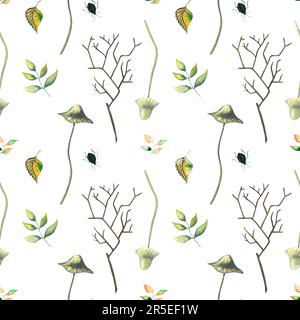 Motif aquarelle sans couture avec feuilles de forêt sauvage d'automne, herbes de myrtille, tabourets de crapaud, branche, insecte dessin à la main sur fond blanc Banque D'Images