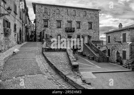 Vue en noir et blanc du Palazzo Monaldeschi della Cervara, place Piazzetta dell'Orologio, Bolsena, Italie Banque D'Images