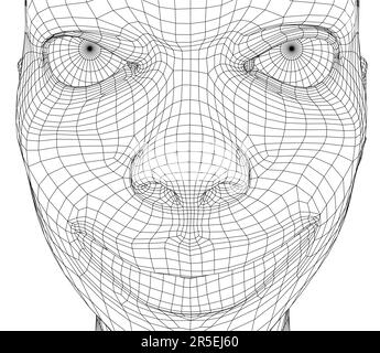 Image filaire de la tête de fille avec sourire sinistre expression faciale à partir de lignes noires isolées sur fond blanc. 3D. Illustration vectorielle. Illustration de Vecteur