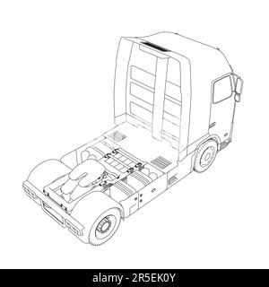 Contour d'un camion sans remorque à partir de lignes noires isolées sur fond blanc. Vue isométrique. Illustration vectorielle. Illustration de Vecteur