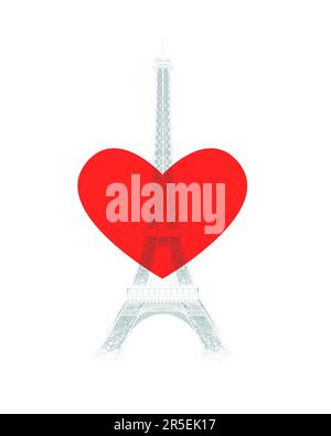 Contour d'une Tour Eiffel détaillée avec un coeur rouge au milieu. Illustration montrant l'amour pour paris. Vue avant. Illustration vectorielle. Illustration de Vecteur