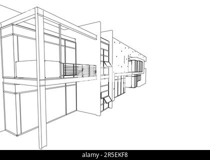 Contour d'un cottage de deux étages de luxe de lignes noires isolées sur un fond blanc. Vue en perspective. 3D. Illustration vectorielle. Illustration de Vecteur