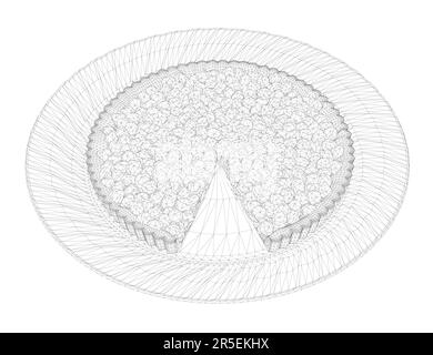 Image filaire d'une tarte aux baies avec une pièce découpée sur une plaque à partir de lignes noires isolées sur un fond blanc. Vue isométrique. 3D. Illustration vectorielle Illustration de Vecteur