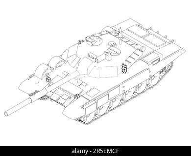 Contour d'un char de combat à partir de lignes noires isolées sur fond blanc. Vue isométrique. 3D. Illustration vectorielle. Illustration de Vecteur