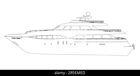 Contour d'un grand yacht de luxe à partir de lignes noires isolées sur un fond blanc. Vue latérale. 3D. Illustration vectorielle. Illustration de Vecteur