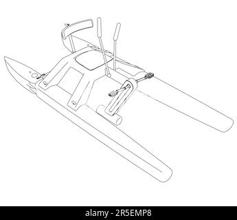 Contour d'un catamoran avec des pédales de lignes noires isolées sur un fond blanc. Vue isométrique. 3D. Illustration vectorielle. Illustration de Vecteur