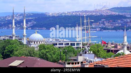 Vue aérienne de la mosquée Dolmabahçe avec le Bosphore ou le détroit du Bosphore derrière elle, à Istanbul, en Turquie ou dans la République de Türkiye. Banque D'Images
