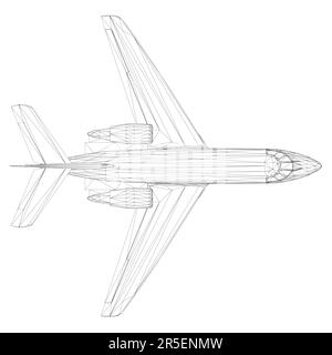 Élément filaire de l'avion passager à partir de lignes noires isolées sur fond blanc. Vue de dessus. 3D. Illustration vectorielle. Illustration de Vecteur