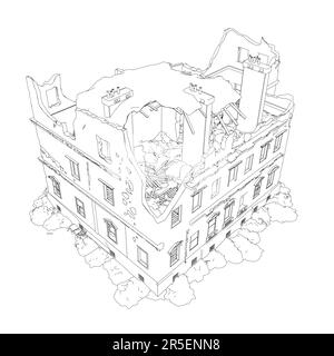 Le contour du bâtiment détruit à partir de lignes noires isolées sur un fond blanc. Vue isométrique. 3D. Illustration vectorielle. Illustration de Vecteur