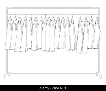 Présentation de nombreuses vestes suspendues sur un cintre. Vue latérale. 3D. Illustration vectorielle. Illustration de Vecteur