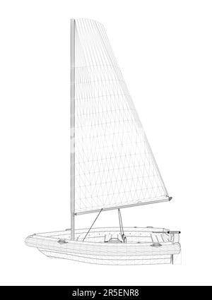 Image filaire d'un petit bateau avec une voile faite de lignes noires isolées sur un fond blanc. Vue latérale. 3D. Illustration vectorielle. Illustration de Vecteur