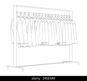 Présentation de nombreuses vestes suspendues sur un cintre. Vue latérale. 3D. Illustration vectorielle. Illustration de Vecteur