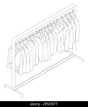 Présentation de nombreuses vestes suspendues sur un cintre. Vue isométrique. 3D. Illustration vectorielle. Illustration de Vecteur