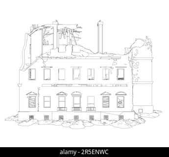 Le contour du bâtiment détruit à partir de lignes noires isolées sur un fond blanc. Vue avant. 3D. Illustration vectorielle. Illustration de Vecteur