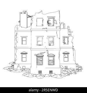 Le contour du bâtiment détruit à partir de lignes noires isolées sur un fond blanc. Vue avant. 3D. Illustration vectorielle. Illustration de Vecteur