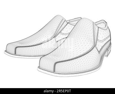 Image filaire des chaussures pour hommes à partir de lignes noires isolées sur fond blanc. Vue en perspective. 3D. Illustration vectorielle. Illustration de Vecteur