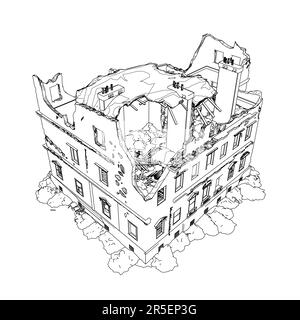 Le contour du bâtiment détruit à partir de lignes noires isolées sur un fond blanc. Vue isométrique. 3D. Illustration vectorielle. Illustration de Vecteur