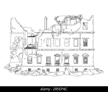 Le contour du bâtiment détruit à partir de lignes noires isolées sur un fond blanc. Vue avant. 3D. Illustration vectorielle. Illustration de Vecteur