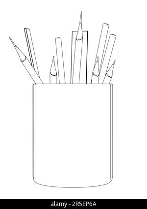 Contour des crayons et des règles dans un verre à partir de lignes noires isolées sur un fond blanc. Vue avant. 3D. Illustration vectorielle. Illustration de Vecteur