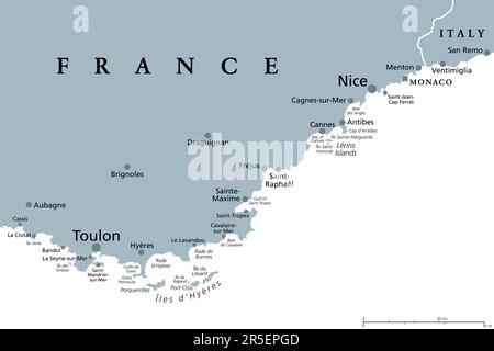 Côte d'Azur, carte politique grise. Côte méditerranéenne du sud-est de la France, connue sous le nom de Côte d'Azur ou Côte d'Azur. Banque D'Images