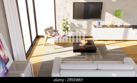 Vue intérieure d'un espace ouvert avec de grandes fenêtres, grande taille, style moderne et contemporain. Maisons de luxe. Lumière naturelle. Séjour. Architecture Banque D'Images