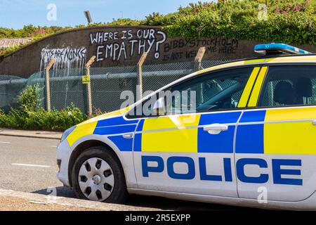 La protestation de Falmouth en 2nd contre la modification par AP du navire Bibby Stockholm pour accueillir 500 réfugiés Banque D'Images