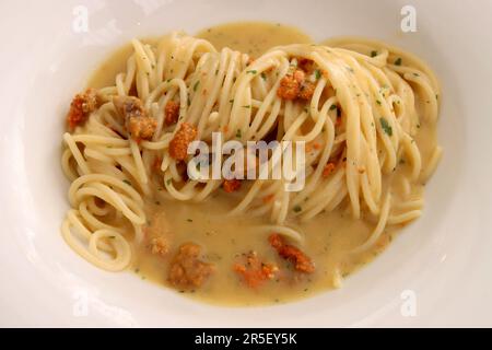 Spaghetti aux oursins. Plats de pâtes italiens, cuisine des Pouilles Banque D'Images