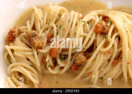 Spaghetti aux oursins. Plats de pâtes italiens, cuisine des Pouilles Banque D'Images