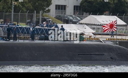 Yokusuka, Japon. 03rd juin 2023. Les sous-marins de la classe Soryu de la Force d'autodéfense maritime japonaise JS Seiryu (SS-509) sont ancrés dans les activités de la flotte (FLEACT) Yokosuka dans la préfecture de Kanagawa, au Japon, samedi, à 3 juin 2023. Photo par Keizo Mori/UPI crédit: UPI/Alay Live News Banque D'Images