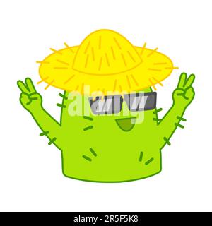 Mignon cactus vert dans des lunettes de soleil et un chapeau de paille autocollant Illustration de Vecteur