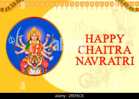 Illustration de la déesse Sherawali Maa dans Happy Durga Puja festival religieux indien fond avec des salutations hindi signifiant Chaitra Navratri Illustration de Vecteur