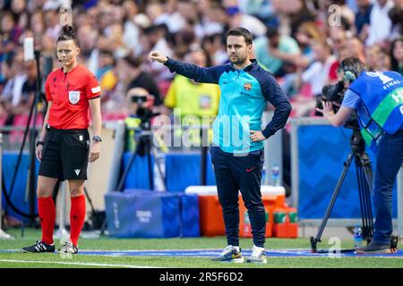 Eindhoven, pays-Bas. 03rd juin 2023. EINDHOVEN, PAYS-BAS - JUIN 3: L'entraîneur Jonatan Giraldez du FC Barcelone gestes pendant le match final de la Ligue des champions de l'UEFA entre le FC Barcelone et VfL Wolfsburg au stade PSV sur 3 juin 2023 à Eindhoven, pays-Bas (photo de Joris Verwijst/Orange Pictures) Credit: Orange pics BV/Alay Live News Banque D'Images