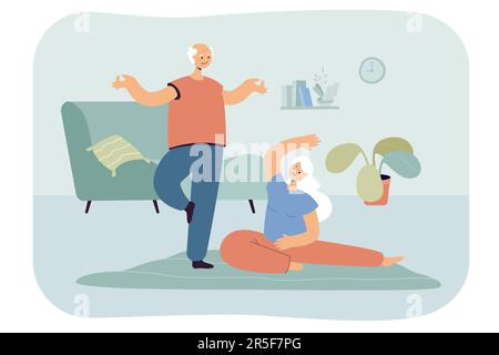 Hommes et femmes aînés pratiquant le yoga à la maison Illustration de Vecteur