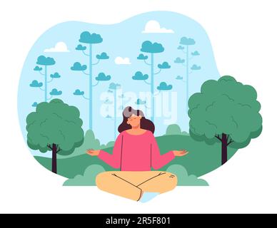 Femme calme et souriante assise dans une posture de yoga entourée d'arbres Illustration de Vecteur